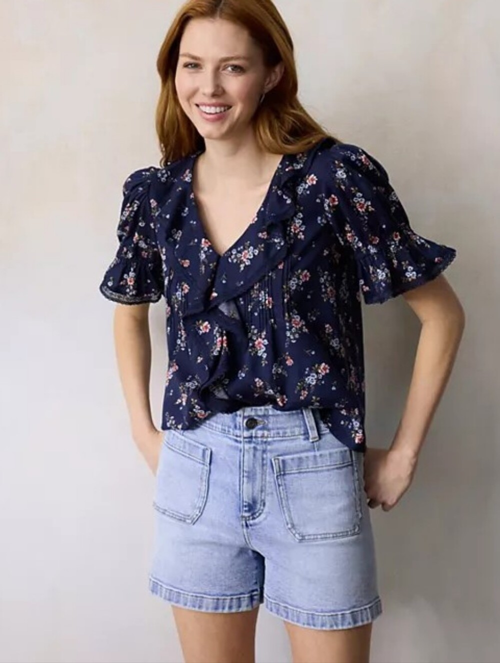 LC Lauren Conrad Navy Floral Ruffle Short-Sleeve Top
